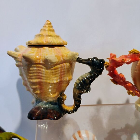 Vtg Mini Seashell Shaped Ceramic Teapot Set of 5 Thailand 3" - Picture 7 of 12
